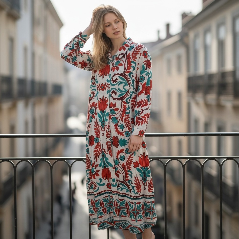Fig + Flower Shirt Dress Womens 2X White Red Teal Floral Boho Belted KYL66M46X